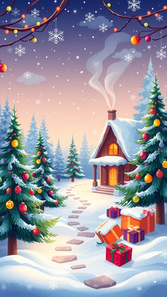 A festive Christmas background illustration with snow-covered trees, ornaments, and a cozy cabin.
